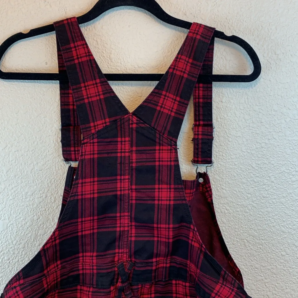 HT Denim Shortall sz XL buffalo plaid overall shorts festival summer casual goth Red - Image 9