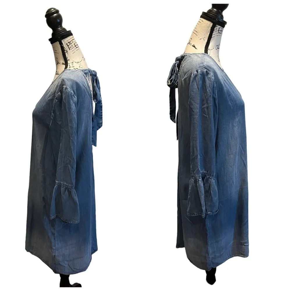 Anthropologie Cloth & Stone Denim Chambray Dress Blue Size Medium Bell Sleeves - Image 4