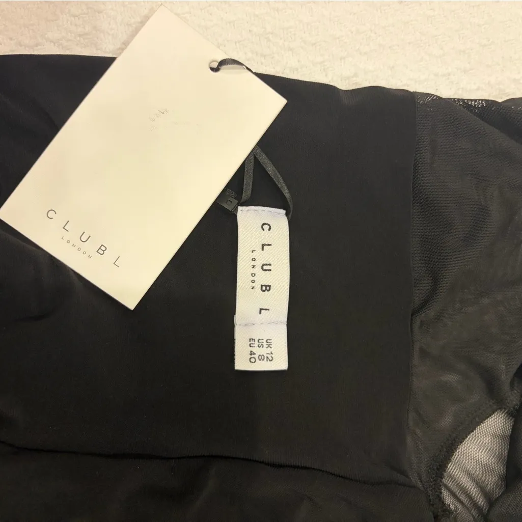 NWT Club L London Between The Lines Black Ruched Mesh Bodycon Midi Dress 8 FLAW - Image 9