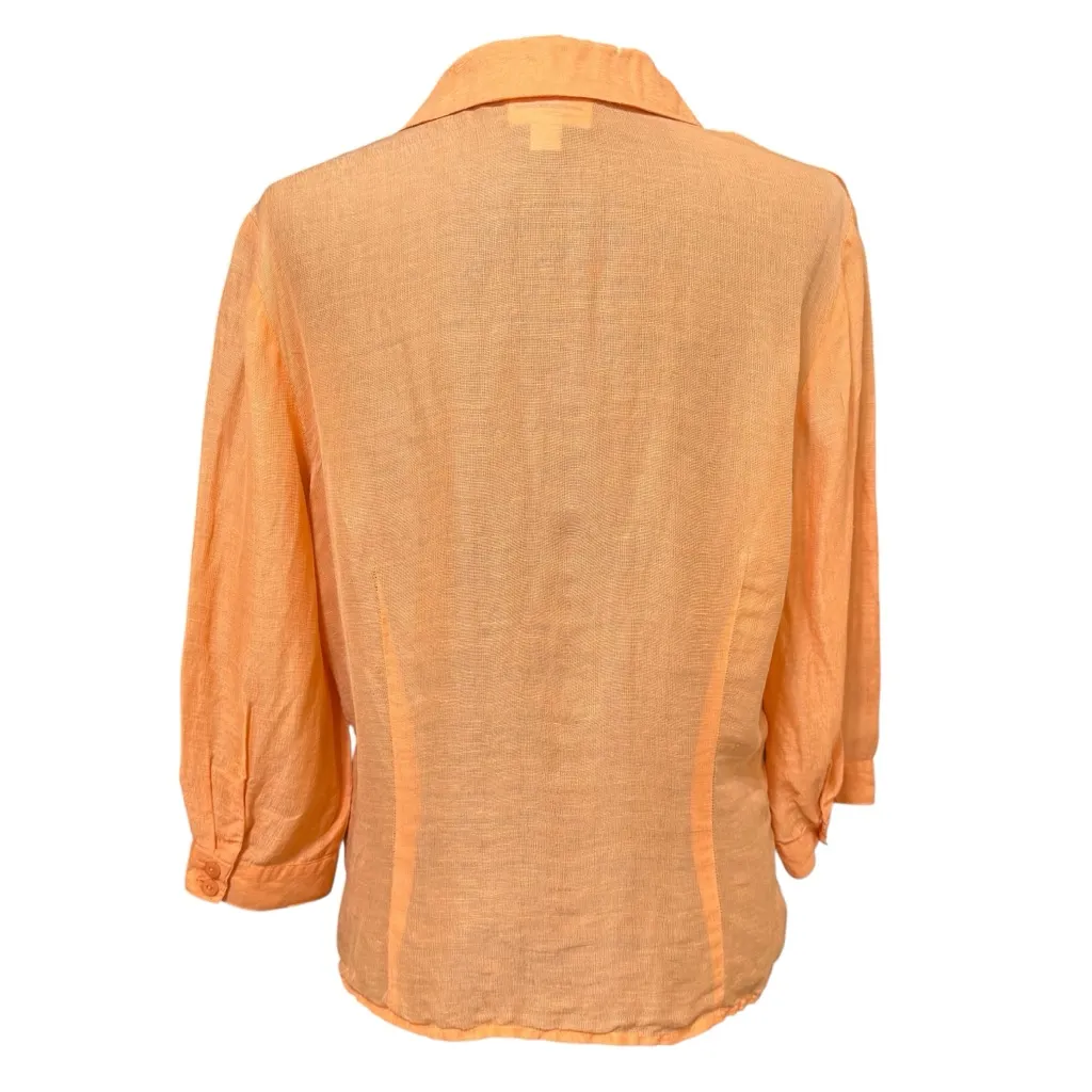Coldwater Creek Orange Linen Silk Blouse Large Sheer Pintuck Button 3/4 Sleeve - Image 4