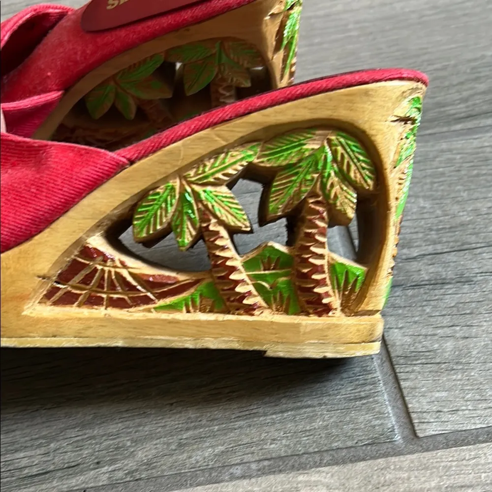 Red Wedge Shoes with Floral Pattern and Slip - Image 5