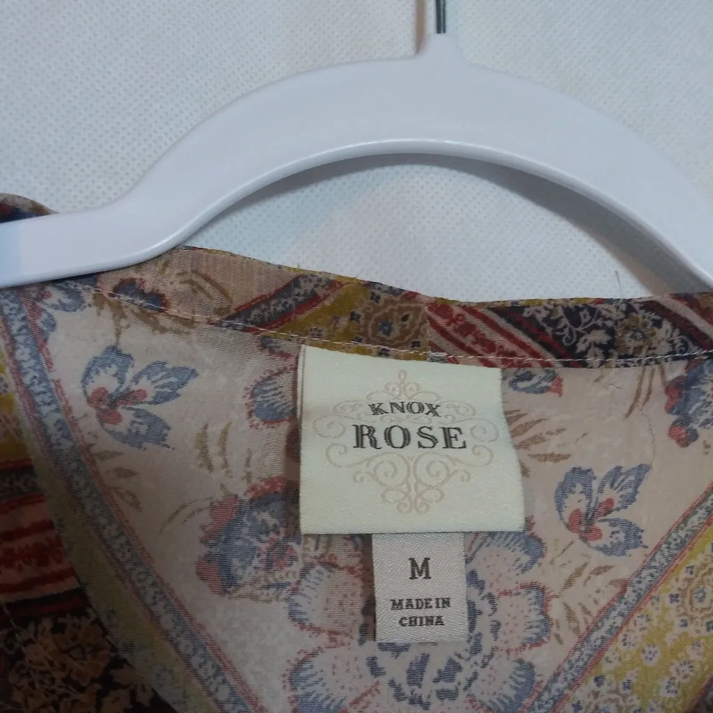 Knox Rose Floral Chiffon Ruffle Peasant Neutral Blouse Top Neck Tie Size M - Image 3