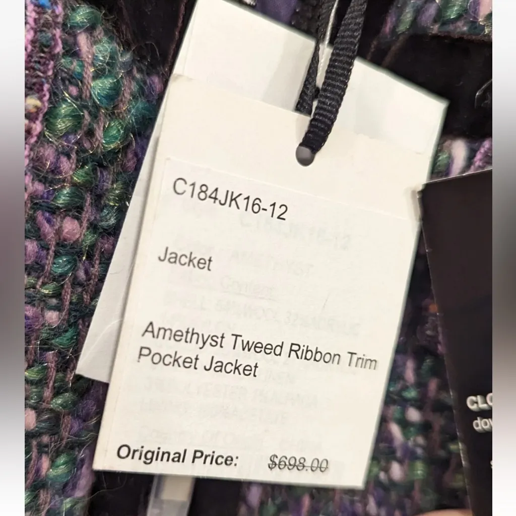$698 Worth NYC Amethyst Tweed Velvet Ribbon Trim Pocket Wool Blend Jacket Size 8 Green - Image 8