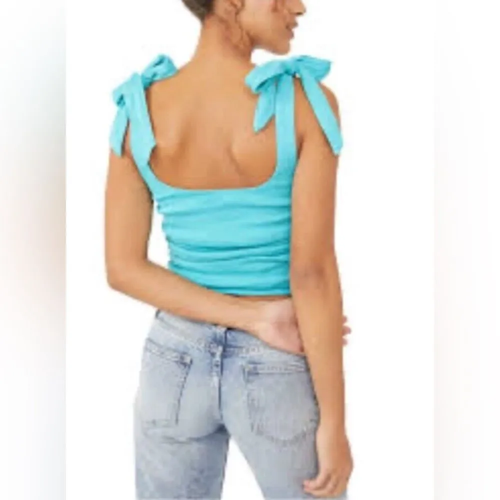 Free People Aqua Boulevard Bow Tie Strap Ruched Tank Top Size Small EUC - Image 2