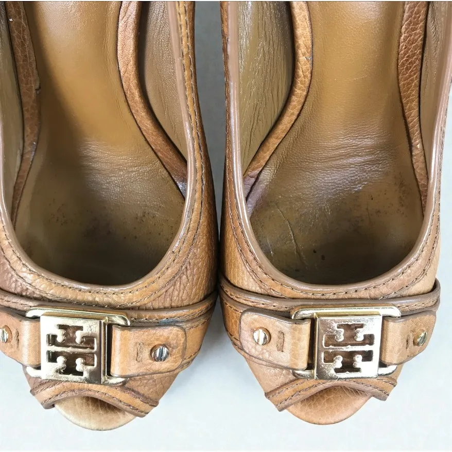 TORY BURCH Carnell Peep Toe Pebble Leather Wedge Pumps Sz 7M Brown Elegant Party - Image 7