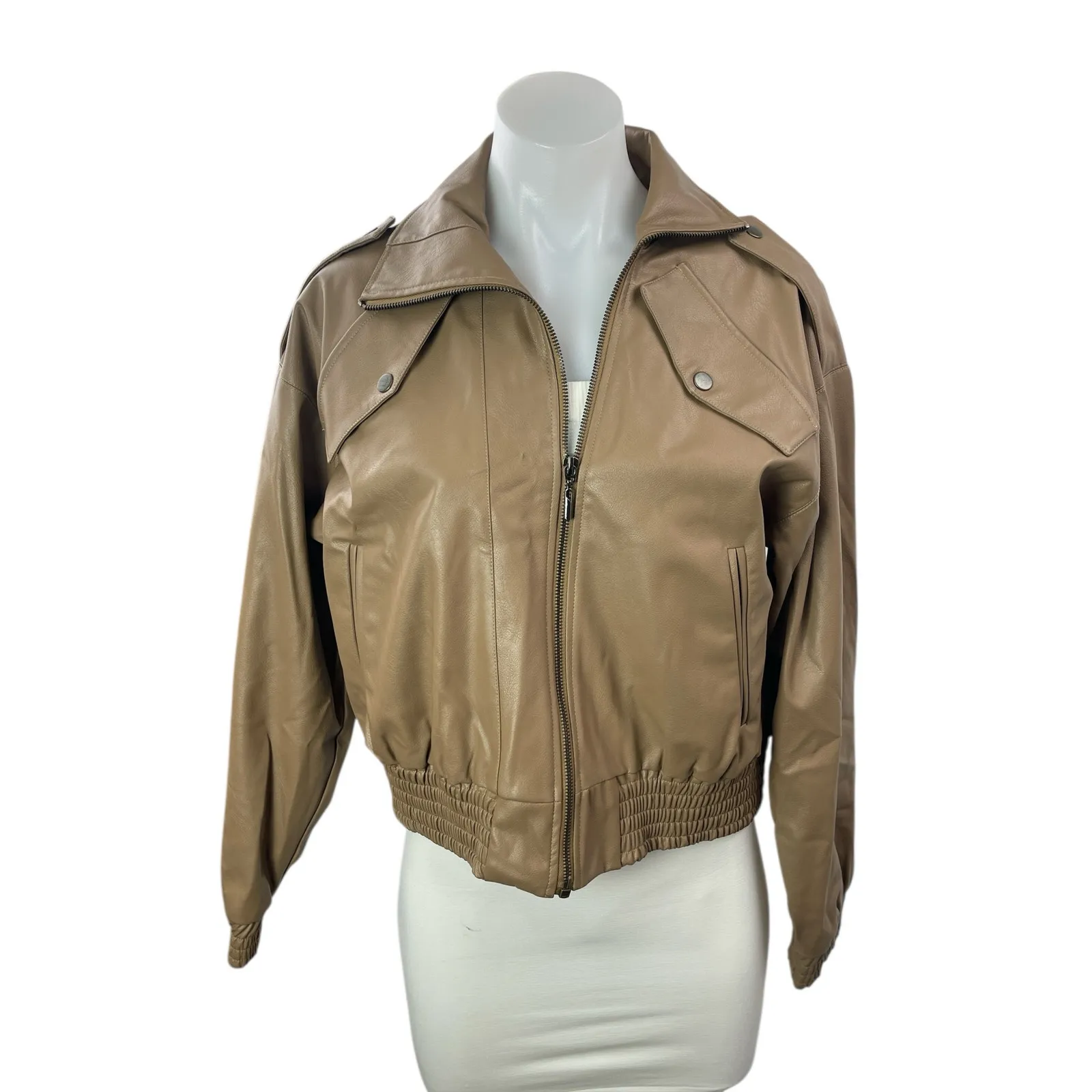 Nonchalant Women's Beige Tan Faux Leather Vegan Full Zip Bomber Jacket Size S - Image 2