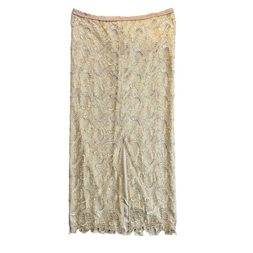 VTG Judith Ann Creations L Beaded Sequins Maxi Skirt Set Dress Formal Gold Ivory Size L - Image 5