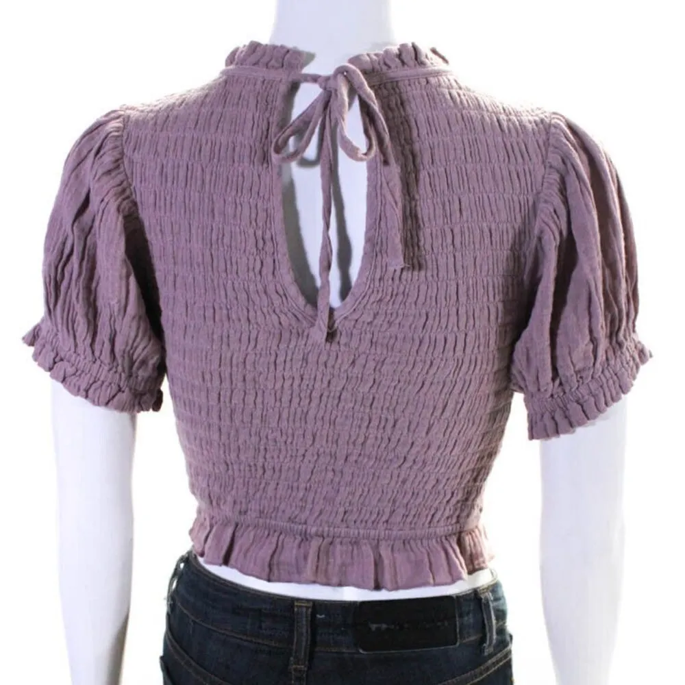 short sleeve crew neck gauze smocked shirt Mauve size XS top - Image 3