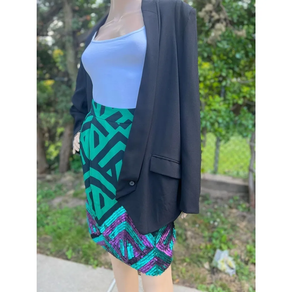 Anthropologie Green Purple Carnation Lily Lily Rose Deco Sequin Skirt - Image 4