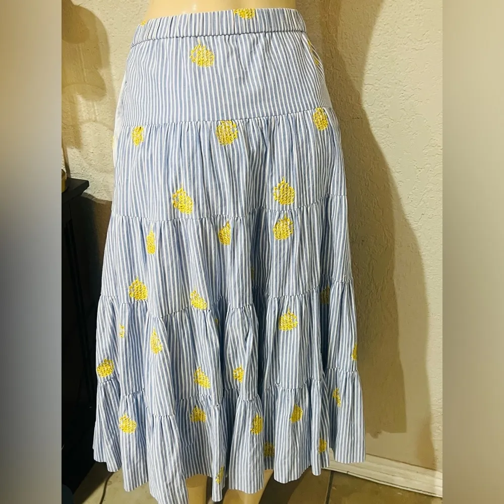 J.Crew Embroidered Pineapple Striped Tiered Midi Skirt Blue White Size XS - Image 10