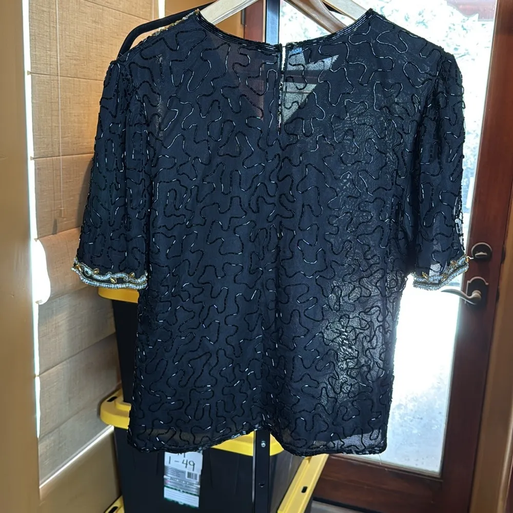 Laurence Kazar Black 100% Silk Blouse Silver Gold Sequin Beaded Size XS - Image 8