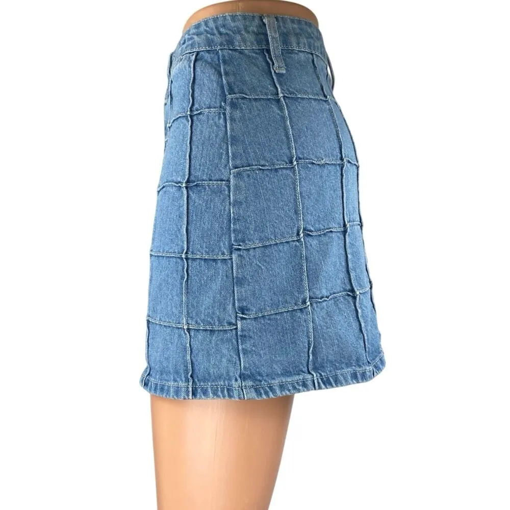 Forever 21 Women's Blue Patchwork High Waisted Pencil Denim Mini Jean Skirt 25 - Image 2