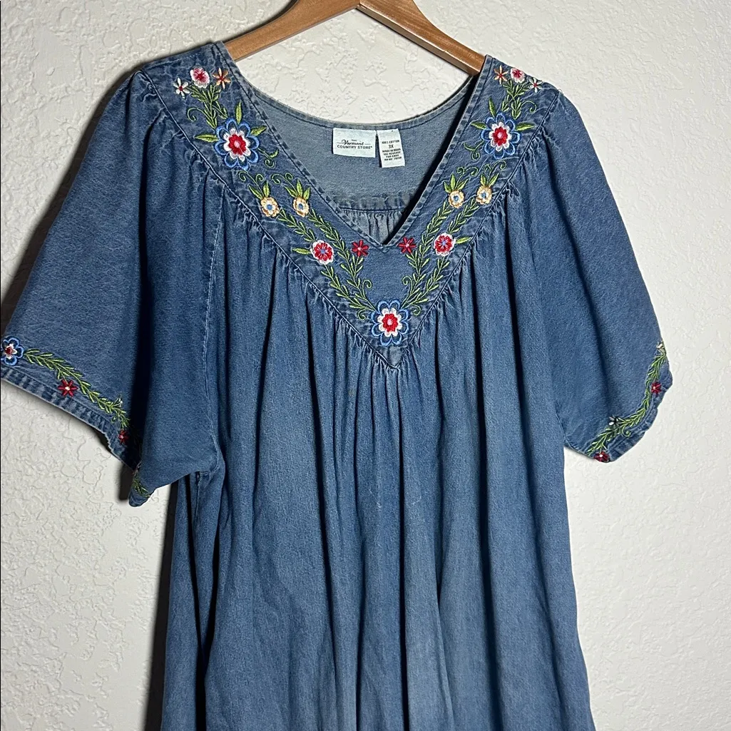 The Vermont Country Store Embroidered Denim Dress Muumuu Jumper Cottage Pockets Blue Size 3X - Image 2