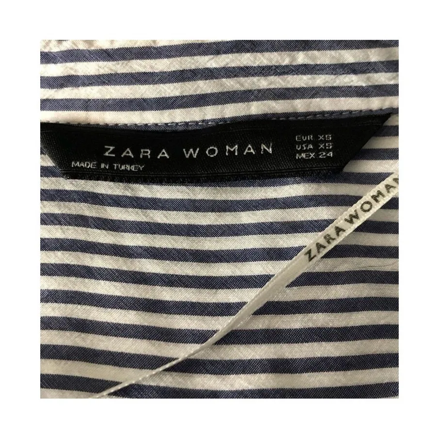 Zara Woman Blue White Stripe Button-Down Blouse XS Hi-Low Roll-Up Sleeves - Image 6