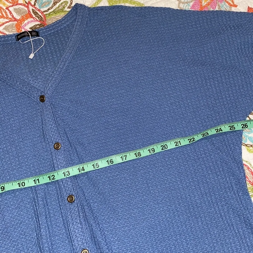 MIHOLL XXL short sleeve blue waffle knit v neck button down tie front loose knot - Image 7