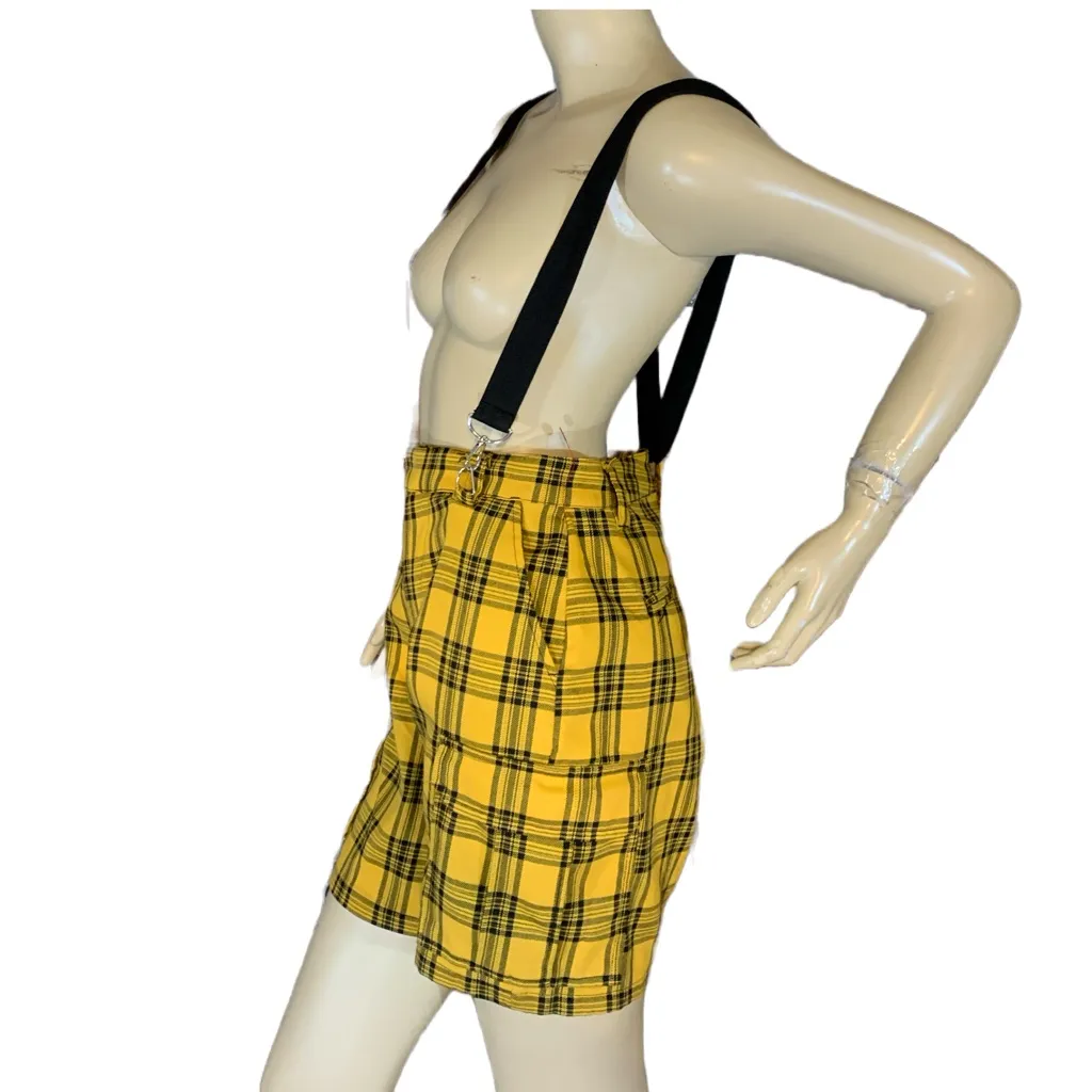 HOT TOPIC YELLOW & BLACK PLAID PLEATED FRONT CARGO SUSPENDER SHORTS (S) - Image 7