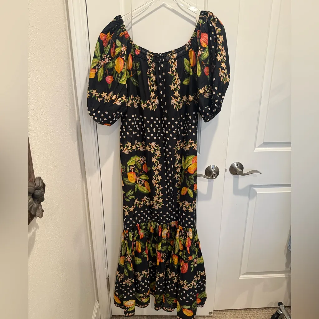 FARM RIO Cocoa Paradise Puff Sleeve Maxi Dress Tropical Fruit Black size Medium - Image 3