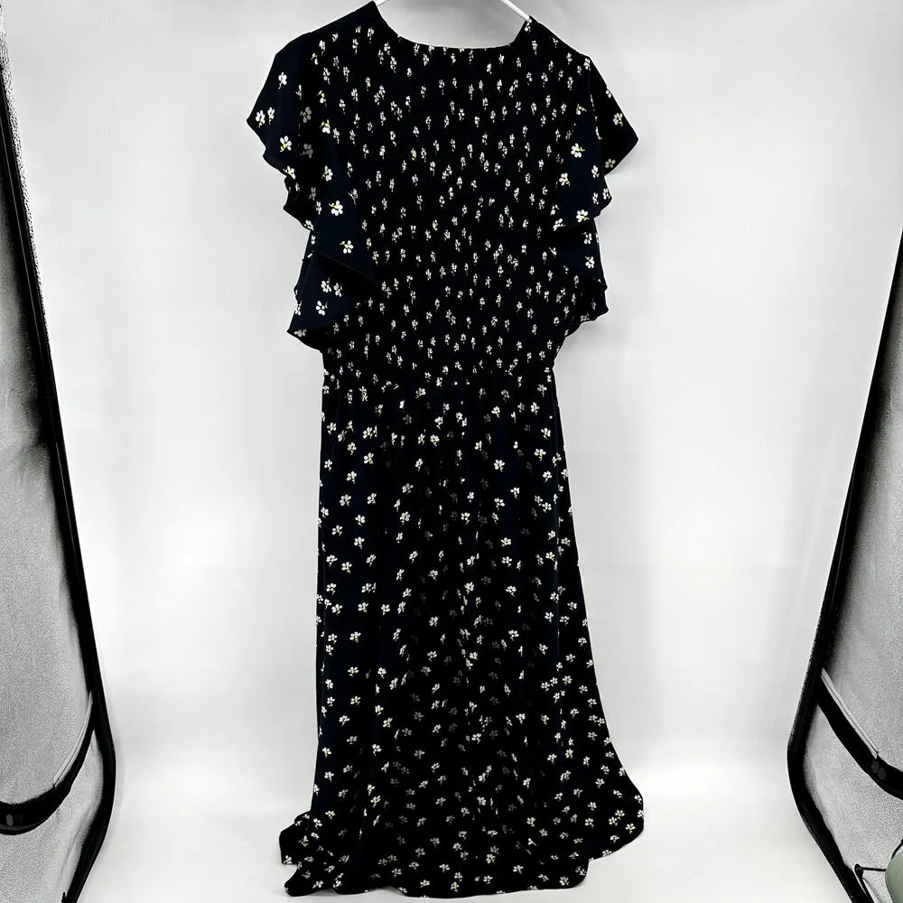 Kate Spade  Ditsy Begonia Flutter Sleeve Midi Dress Slit Keyhole Floral Black 14 - Image 7