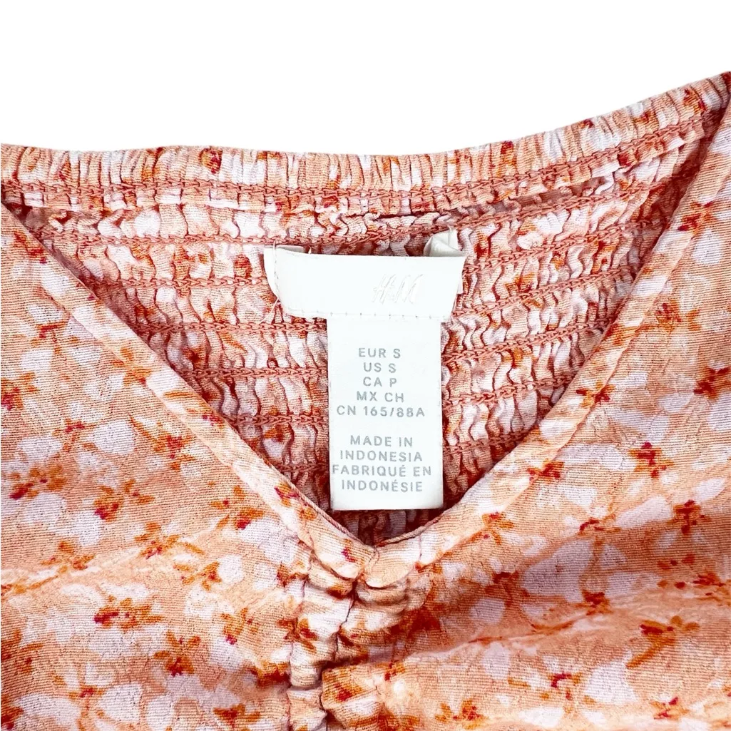 H&M Orange Floral Smocked Short Puff Sleeve Crop Top‎ Cinched Front Size Small - Image 6