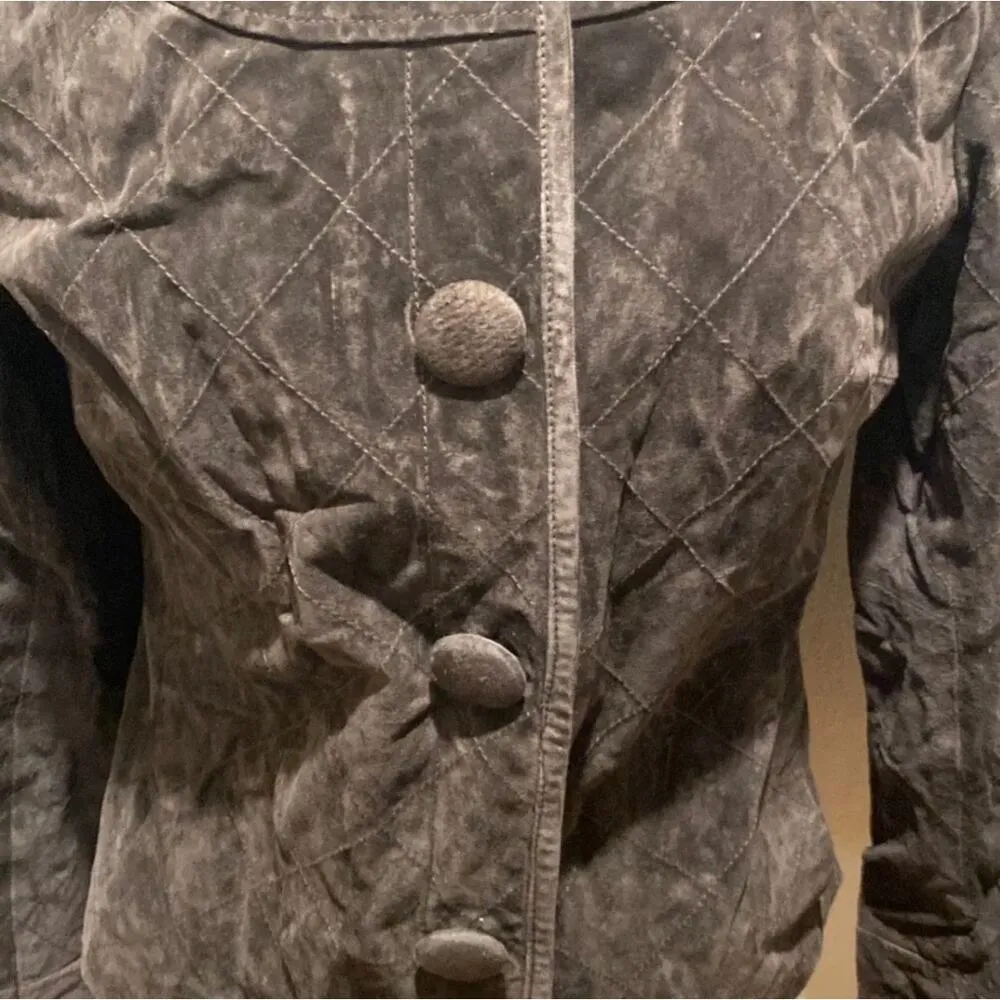 Chico’s Brown Suede Quilted Leather Jacket Button (Snap) Closure EUC Sz M/8 - Image 2