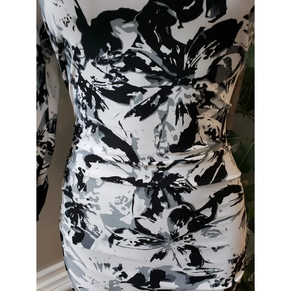 RUBY ROX Asymmetric Dress Womens Medium White Black Floral Ruched One Shoulder - Image 7