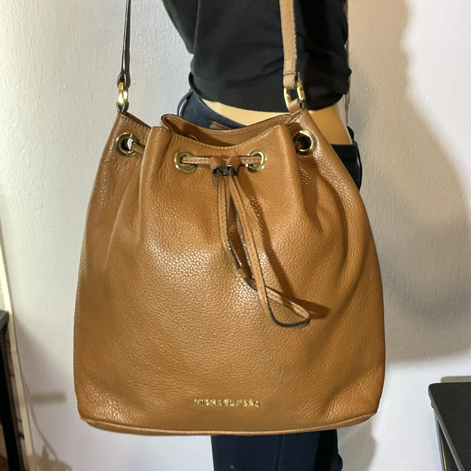 Michael Kores Large Jules Drawstring Deep Pebbled Leather Handbag In Luggage - Image 6