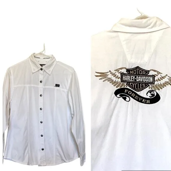 Harley Davidson vintage white denim  Forever logo snap front long sleeve shirt M - Image 2