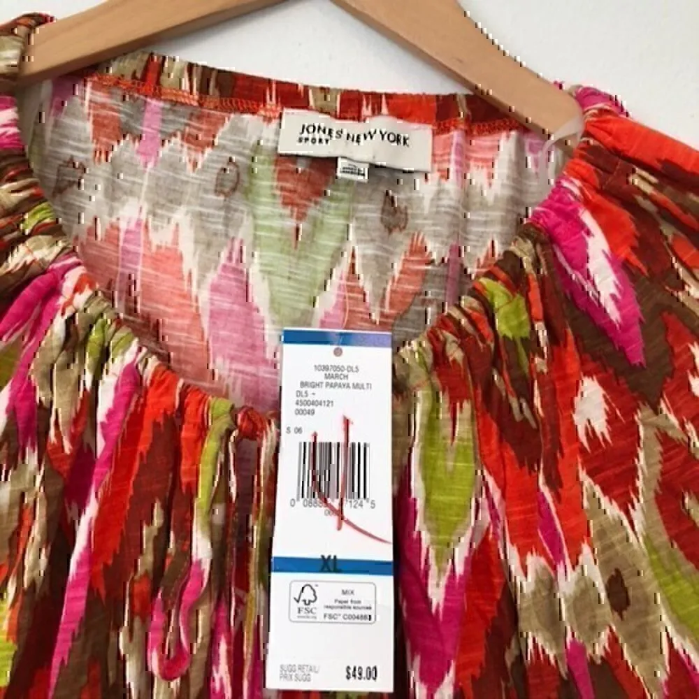 NEW NWT JONES NEW YORK Pink Orange Lime Green Brown Ikat Boho 3/4 Sleeve Blouse - Image 4