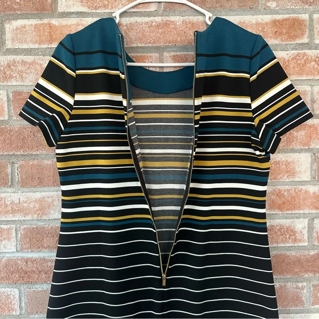 Calvin Klein Striped Sheath Dress Horizontal Short Sleeve Womens 8 Black Mustard - Image 9