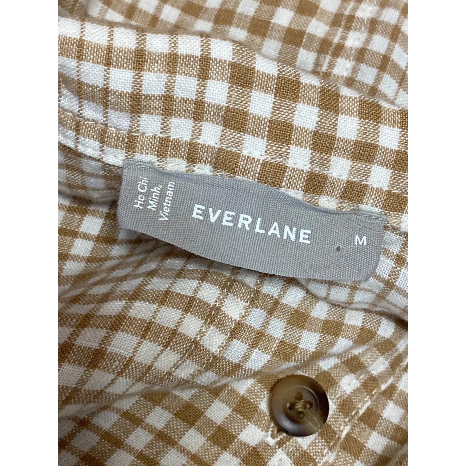 Everlane 100% Linen Beige Plaid Short Sleeve Collar Mini Button Up Shirt Dress M - Image 3