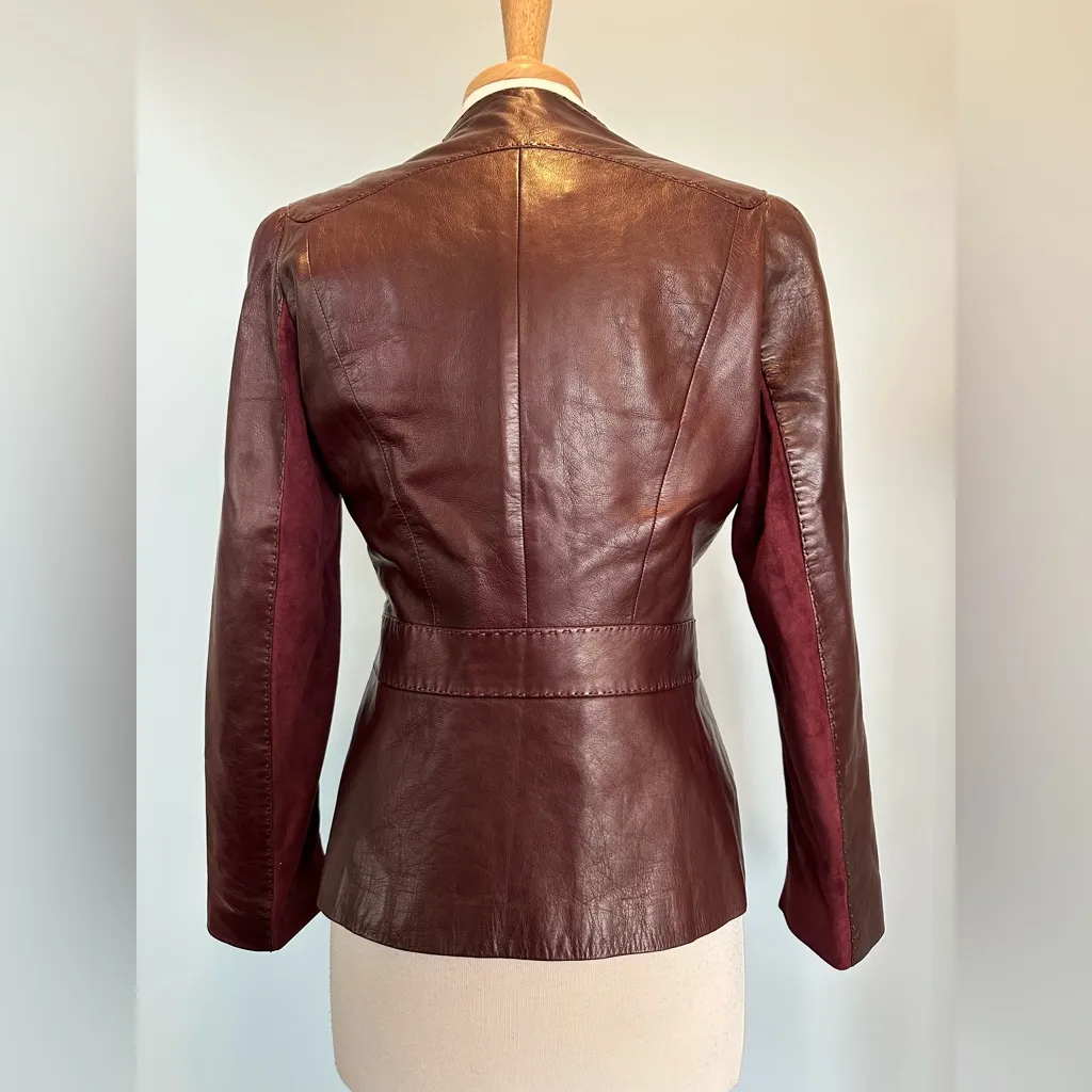Roberto Cavalli Burgandy Maroon Leather Suede detailed stitching vintage jacket - Image 5