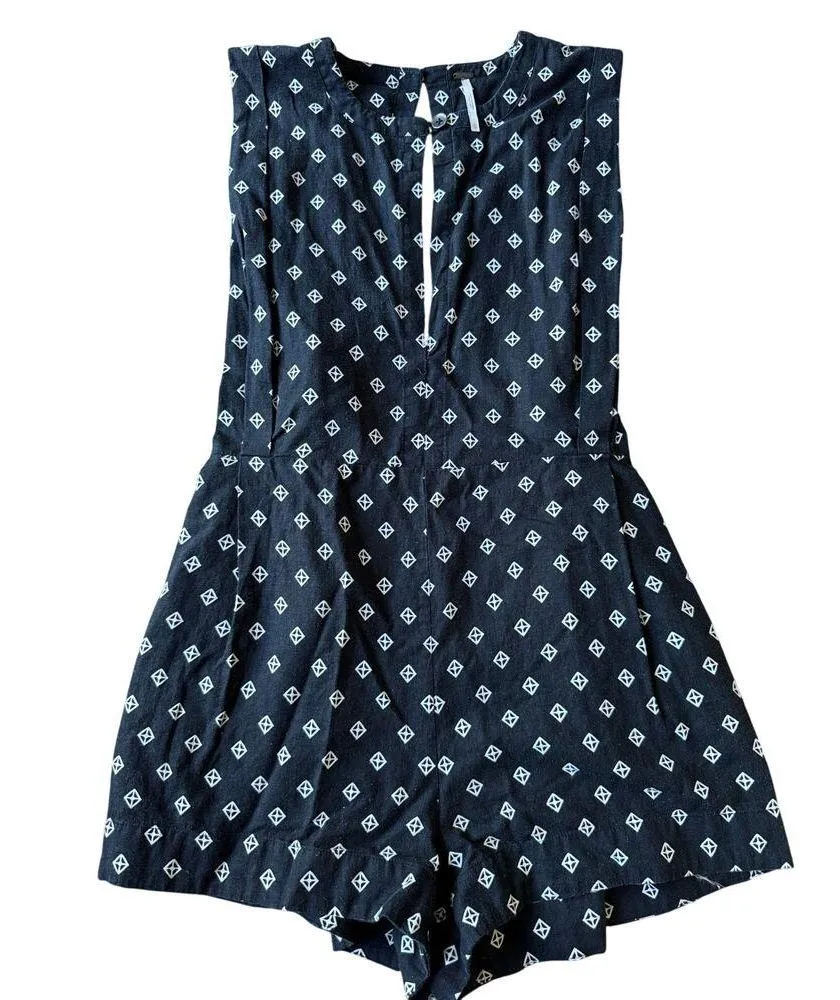 Free People Romper Ashley Black White Diamond Boxy Linen Blend XS - Image 3