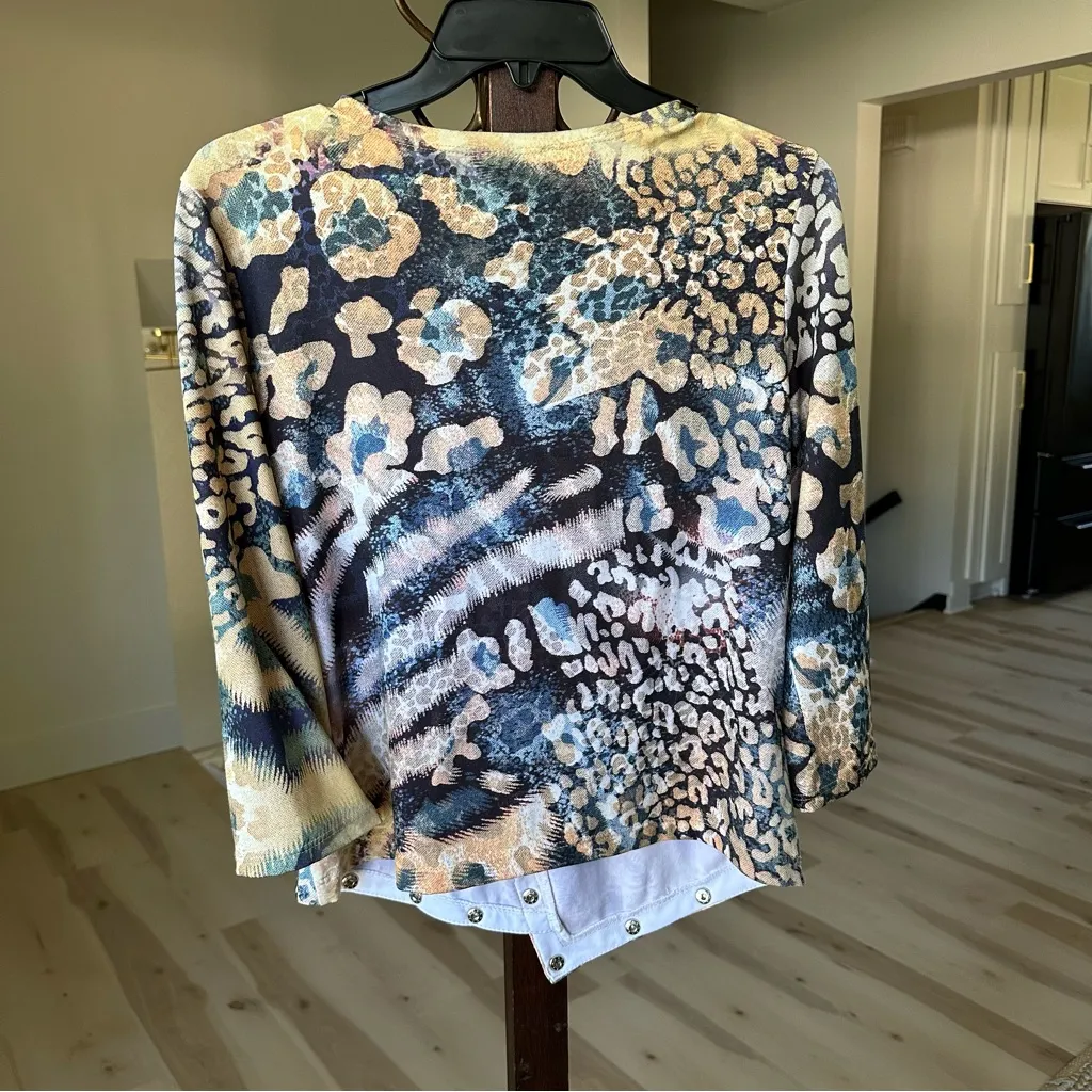 IC Paris Asymmetrical Multi Animal Print Blouse Blue Size L - Image 3