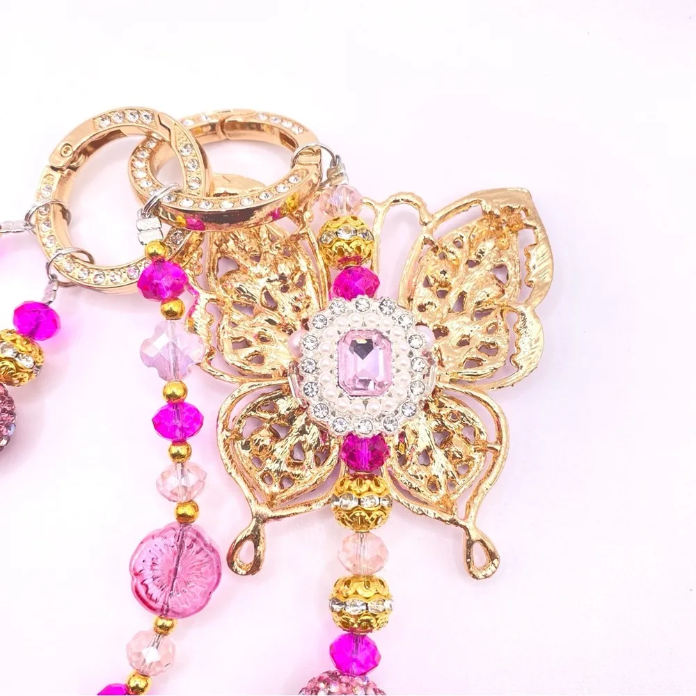 🩷Luxury Bag/Phone Chain Charm/Keychain Pink Rhinestone Butterfly Crystal Beads - Image 12