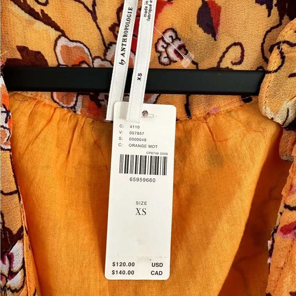 ANTHROPOLOGIE PRINT PUFF RUFFLE LONG SLEEVE ORANGE MOTIF BLOUSE TOP XS - Image 6