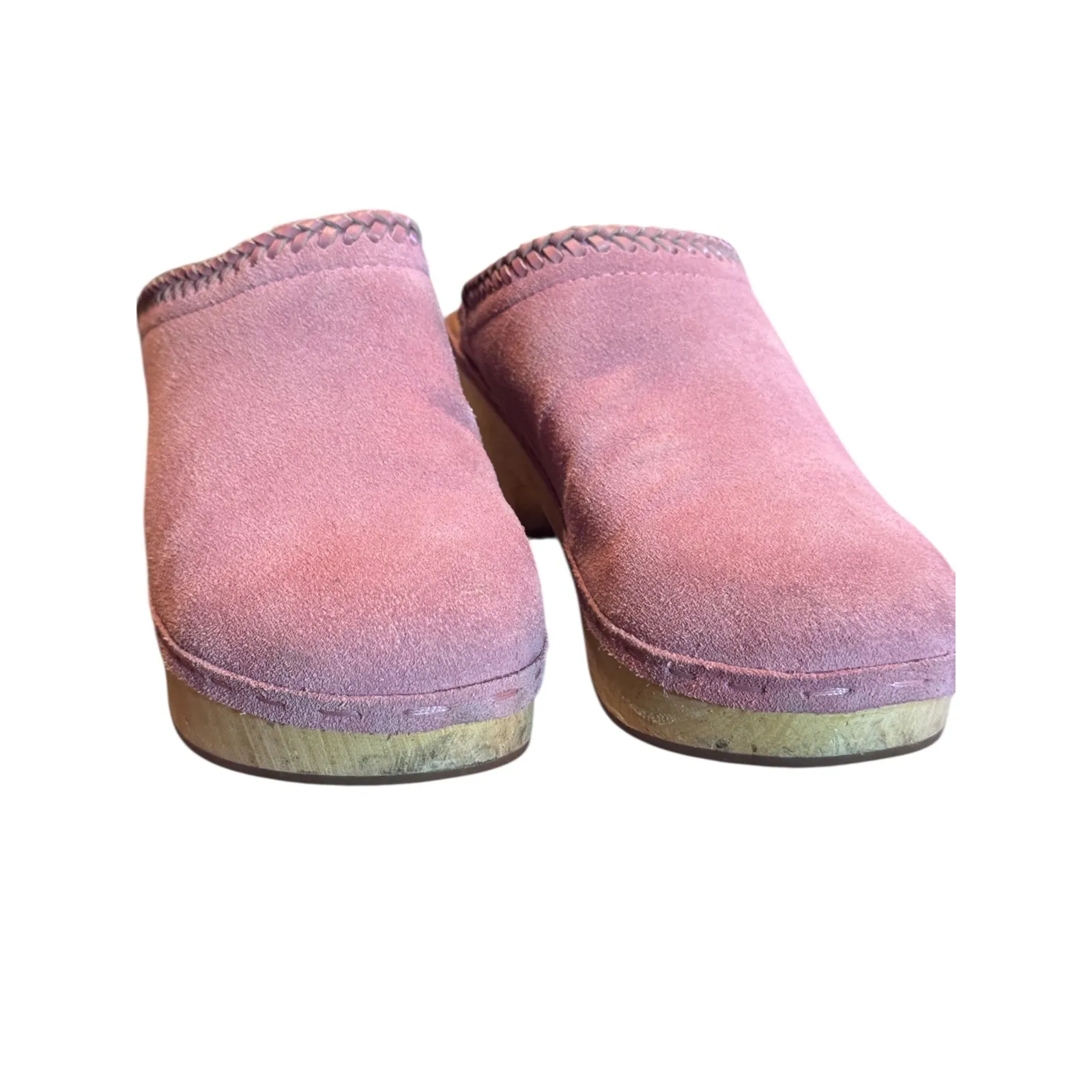 Frye & Co. Mauve Suede Clog Heels Platform Wooden Sole Braided Detail Shoes - Image 2