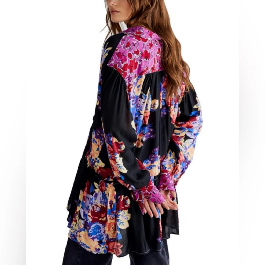 Free People Bunch A Brunch Tunic‎ Top Dress Black Motif Pink Purple Floral Small - Image 6