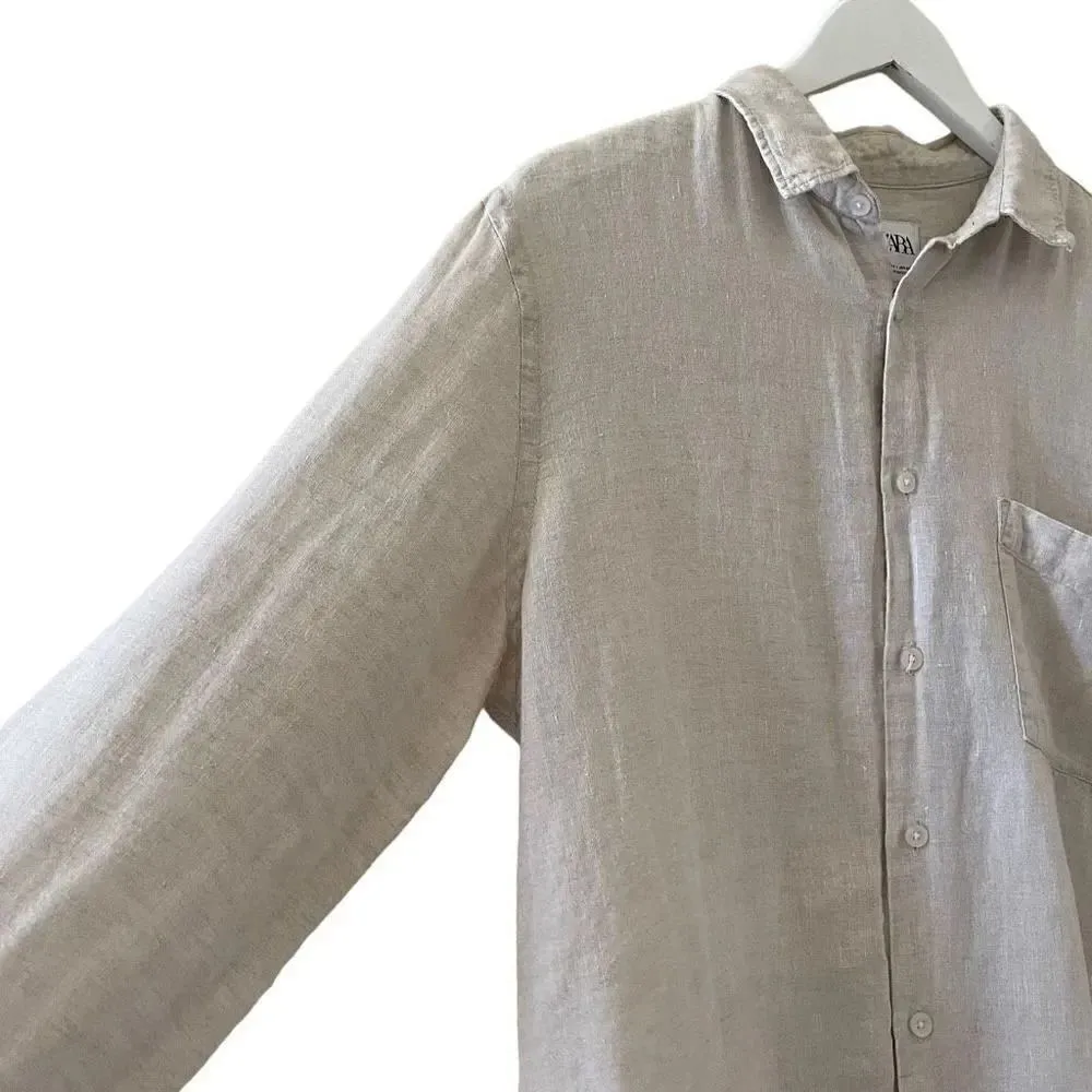 Zara Unisex Linen Relaxed Fit Button Down Long Sleeves Cream Ivory SZ L #1165 - Image 5