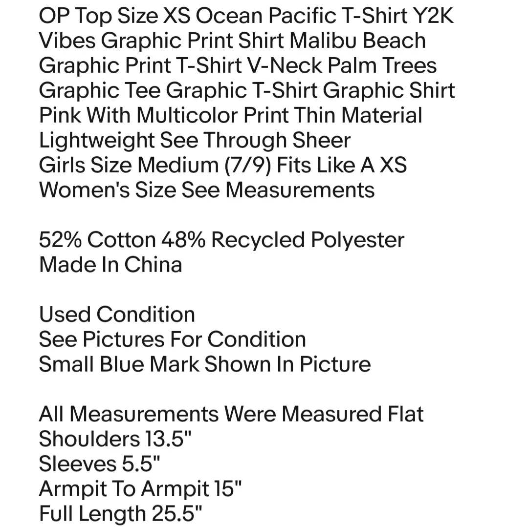 OP Top Size XS  T-Shirt Y2K Vibes Graphic Print Shirt Malibu Beach - Image 2