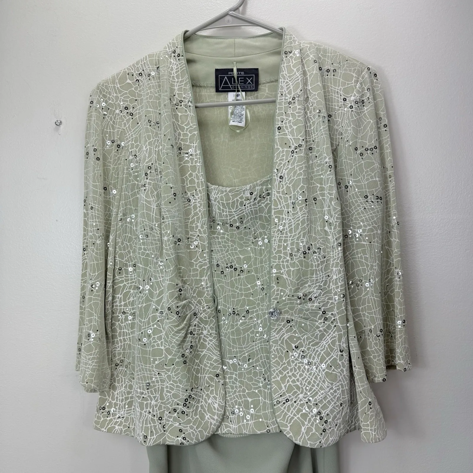 Alex Evenings Sage Green Sequin Jacket Top Pull On Skirt Dress MEDIUM PETITE - Image 4