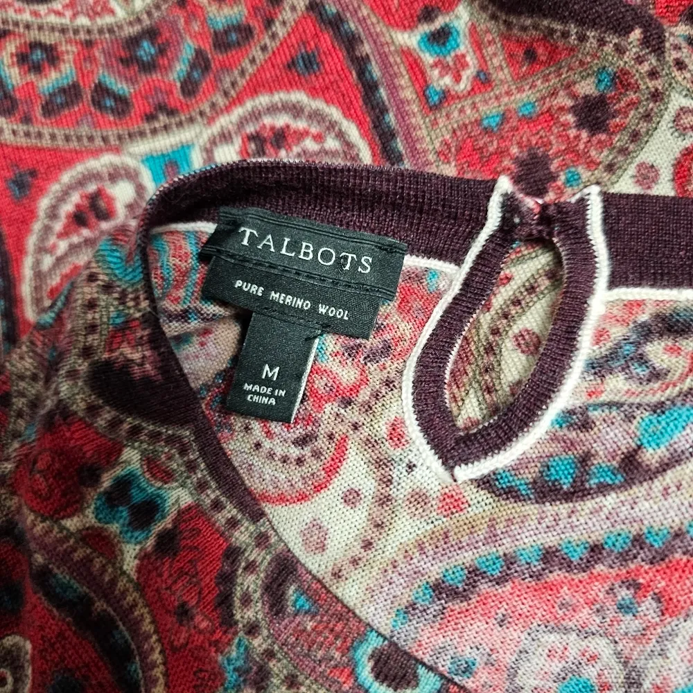 Talbots Red Geometric Merino Wool Puff-Sleeve Sweater Size Medium - Image 6