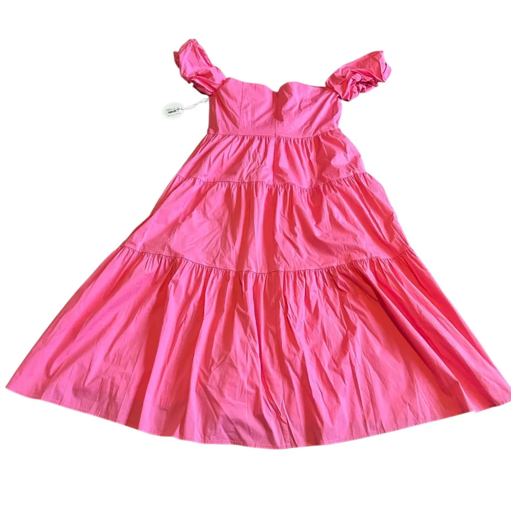 Staud Elio Off-The-Shoulder Dress Plumeria Pink Midi Length Cotton Size 16 NWT - Image 8