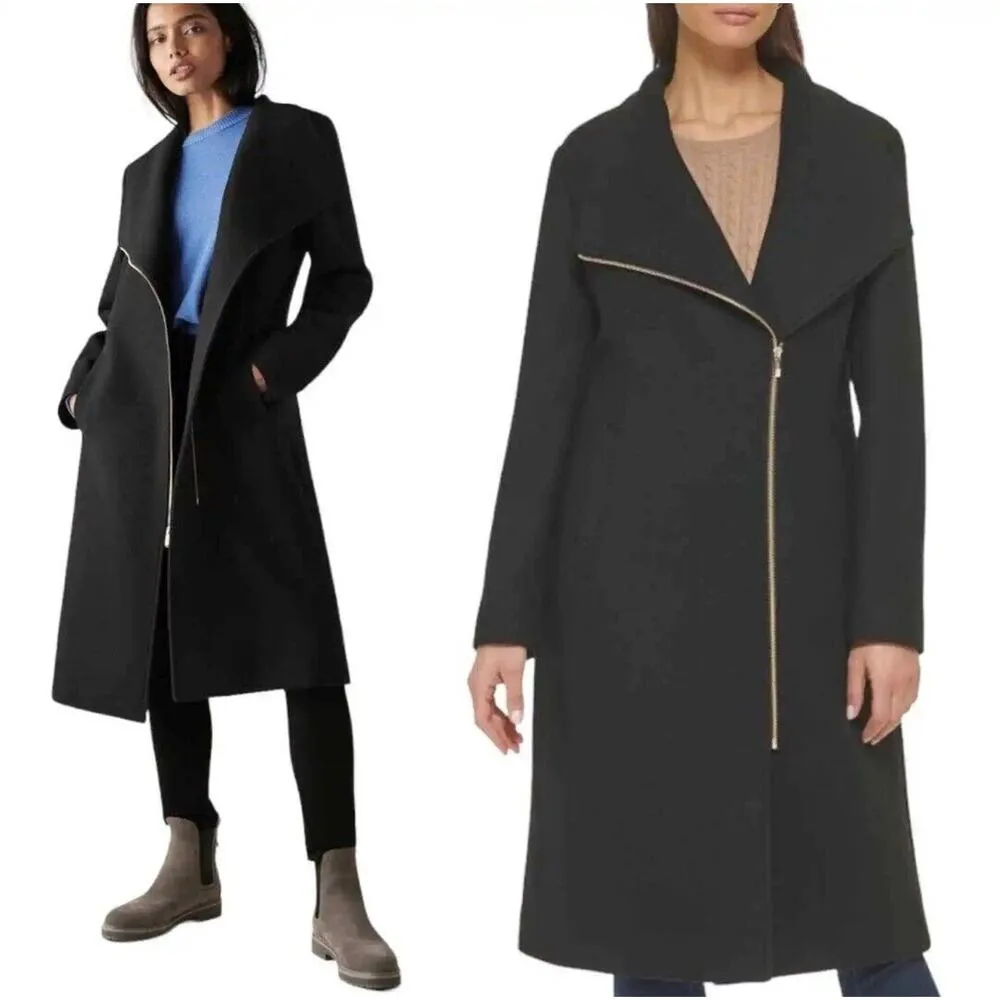 NWT $500 Cole Haan Wool Blend Full Zip Collar Coat Women's 10 Black C4 - Image 2