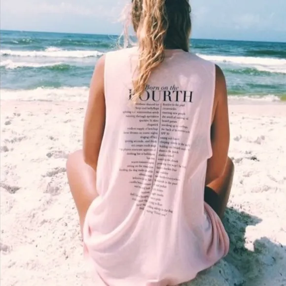 Wildfox Born on the 4th Fourth Pink Muscle Tank Top XS - Image 2