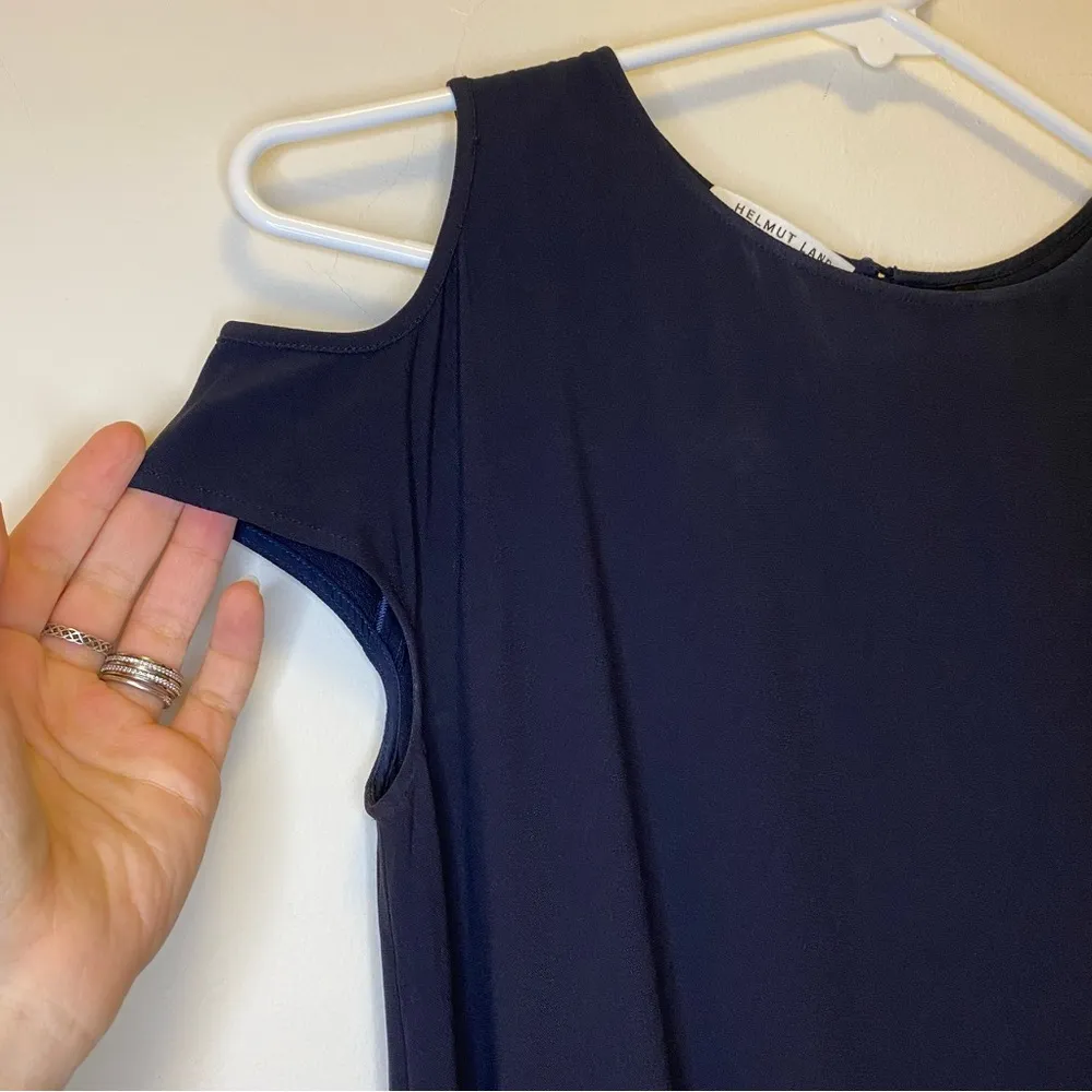 HELMUT LANG Tie Sleeve Asymmetrical Satin Crepe Midi Shift Dress in Black Sz XS - Image 7