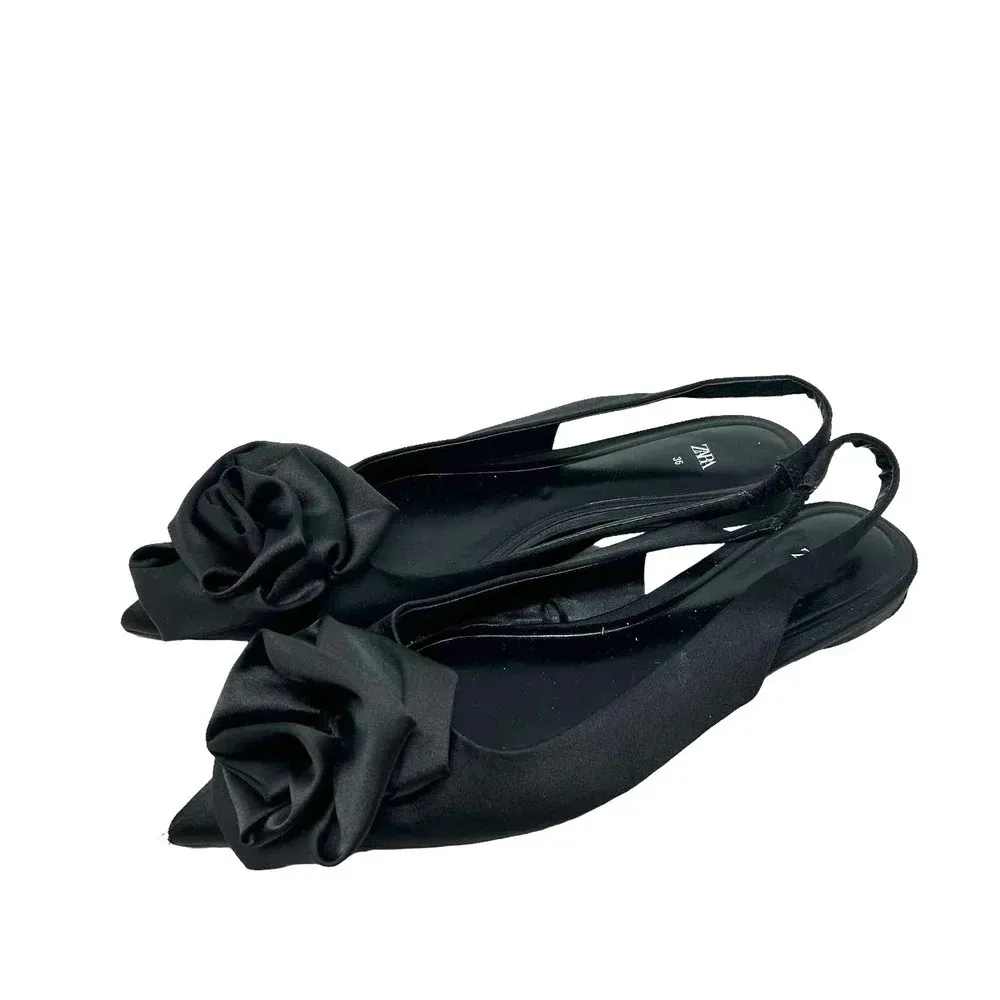 Zara Straple Flat Shoes with Flowers Black Satin Rosette‎ Size 36 US 5 - Image 3