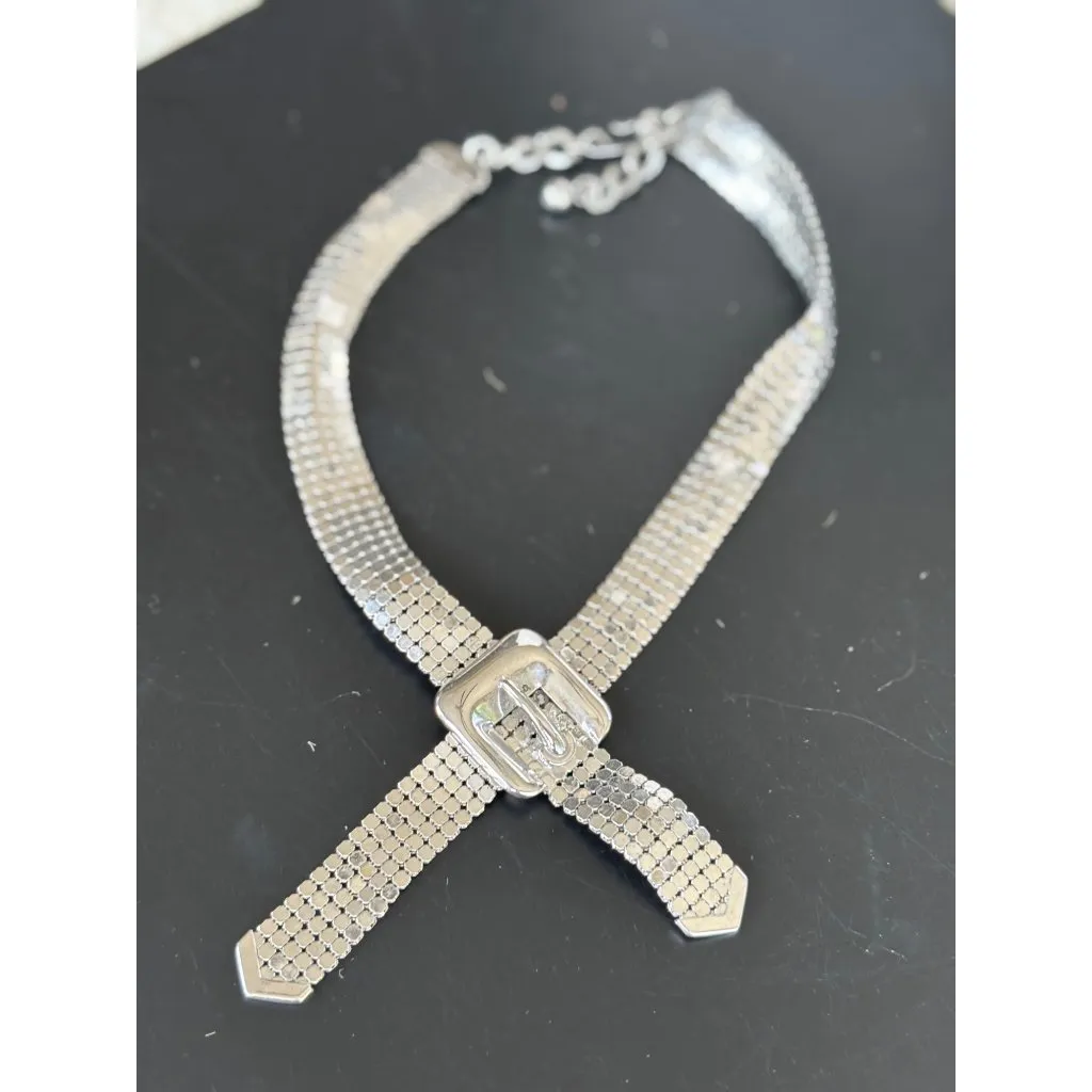 vintage Silver Mesh Buckle Necklace Adjustable Length 16 - Image 7