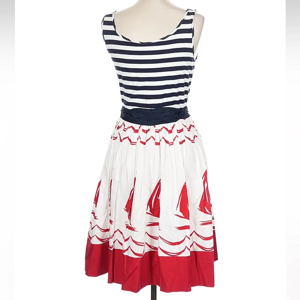 DKNY Coastal Pinup Retro Nautical Striped Sailboat Dress Rockabilly Size 12 L - Image 5