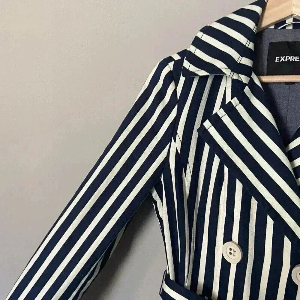 Express Women's‎ S Blue White Striped Pleated Back Trench Coat Size Small Preppy - Image 6