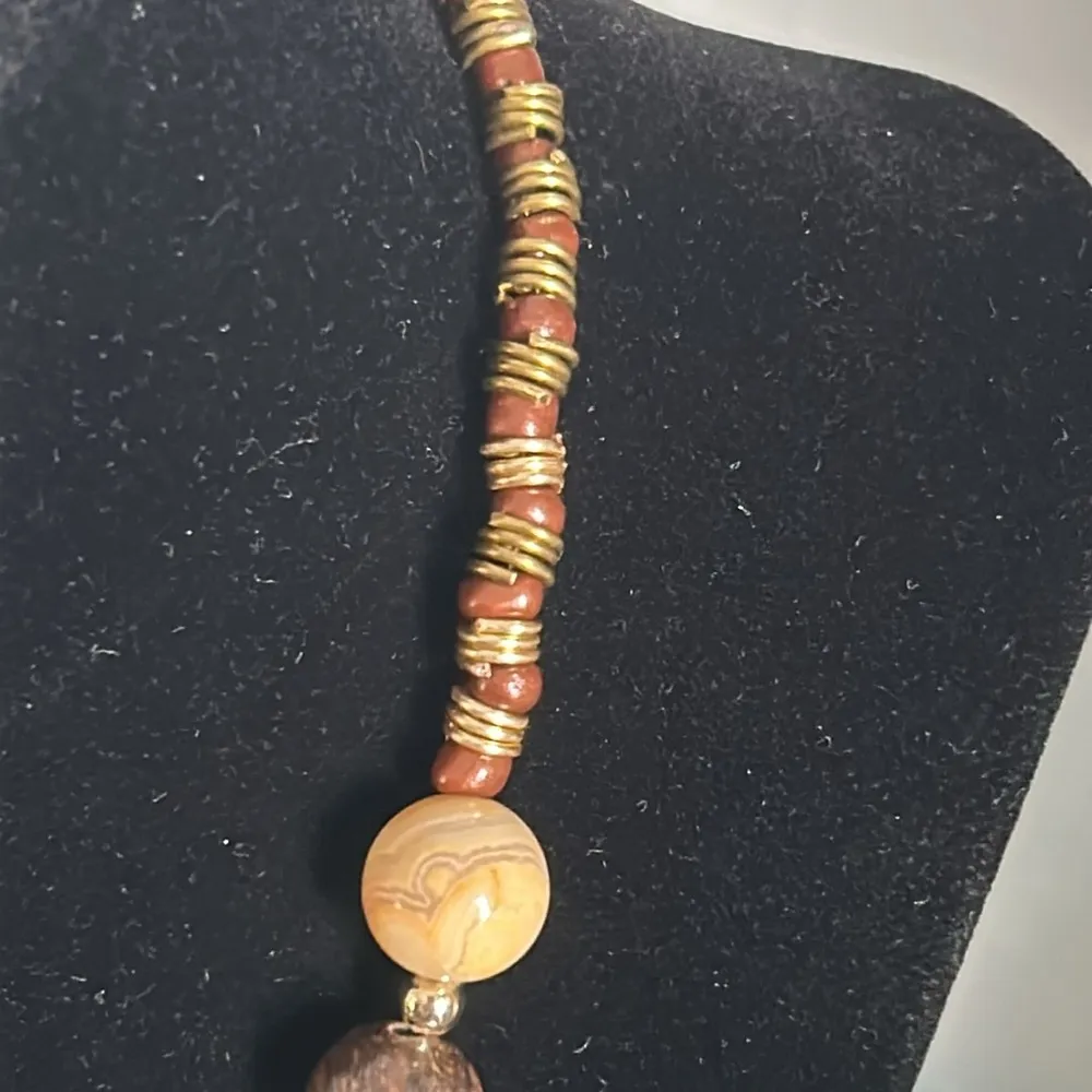 New Artisan Handcrafted Agate and Bronzite Gemstone Bead Necklace Earrings Set Gold - Image 5